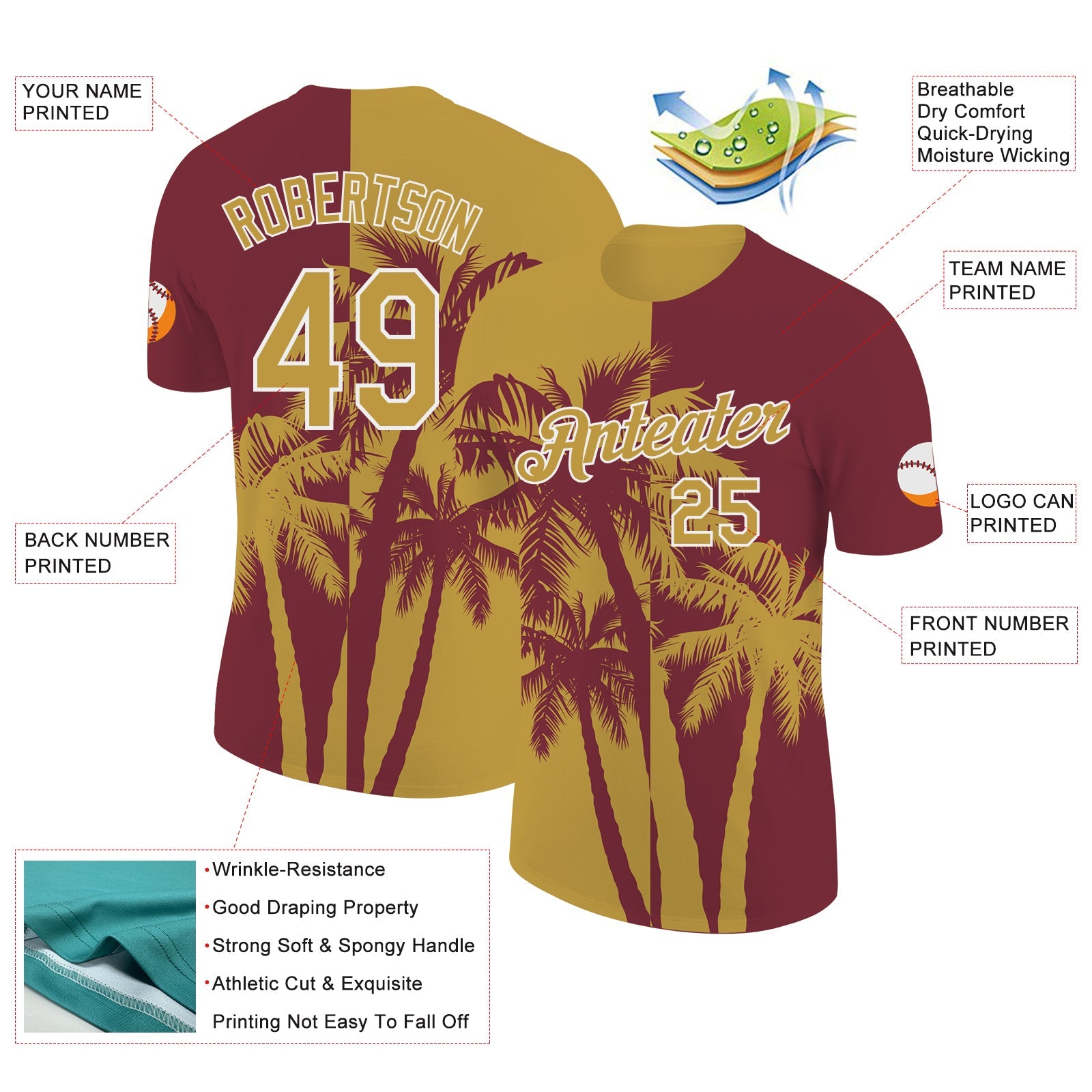 Custom Burgundy Old Gold-White Hawaii Tropical Coastal Palm Trees Performance T-Shirt