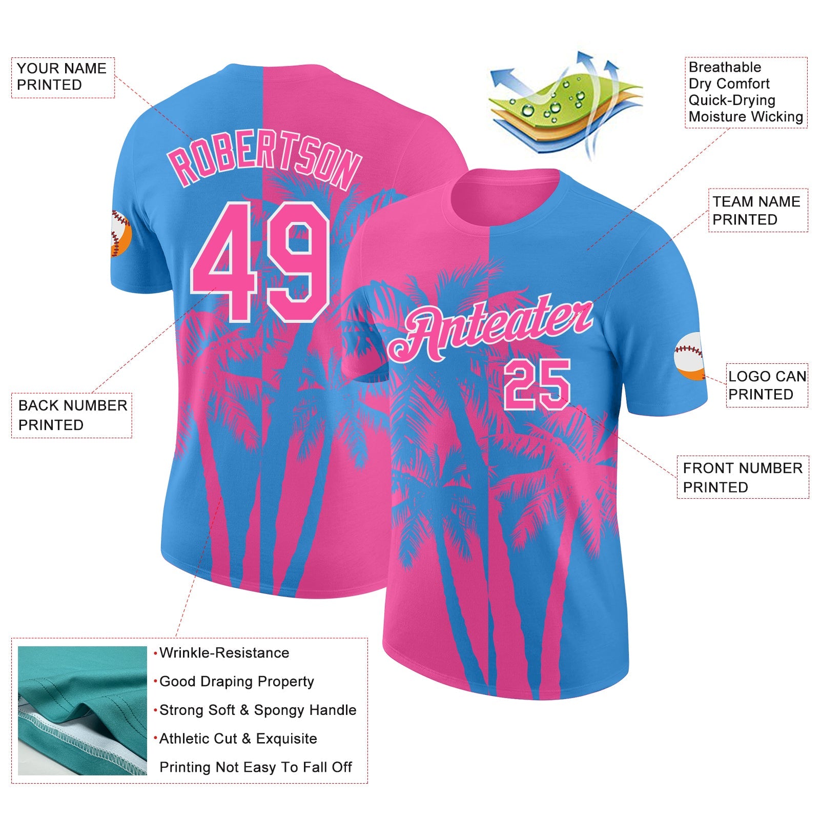 Custom Powder Blue Pink-White Hawaii Tropical Coastal Palm Trees Performance T-Shirt