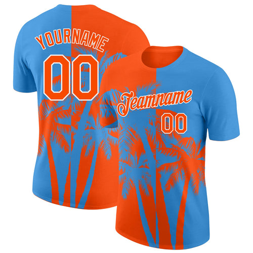 Custom Powder Blue Orange-White Hawaii Tropical Coastal Palm Trees Performance T-Shirt