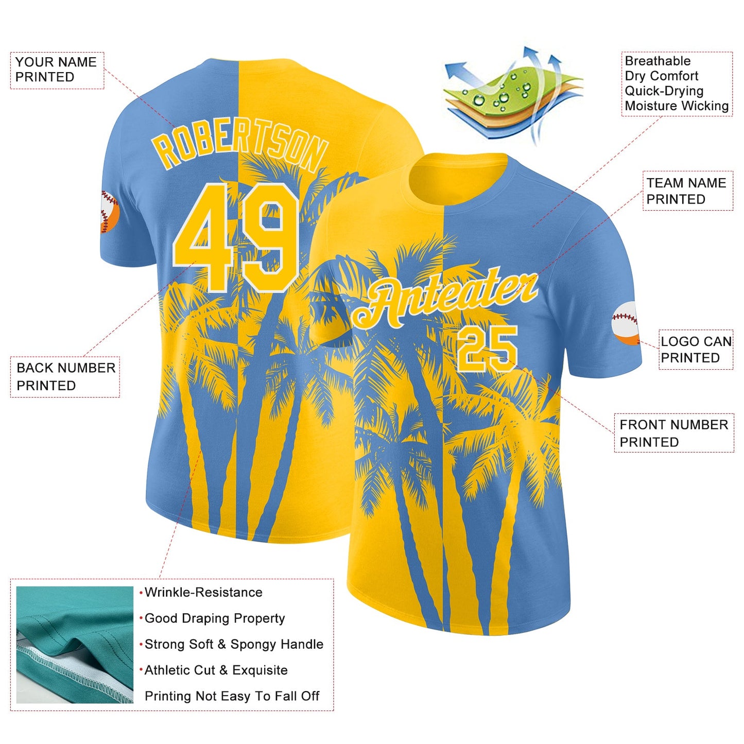 Custom Light Blue Yellow-White Hawaii Tropical Coastal Palm Trees Performance T-Shirt