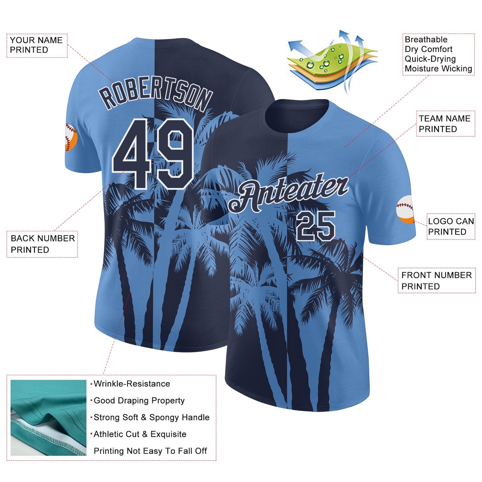 Custom Light Blue Navy-White Hawaii Tropical Coastal Palm Trees Performance T-Shirt