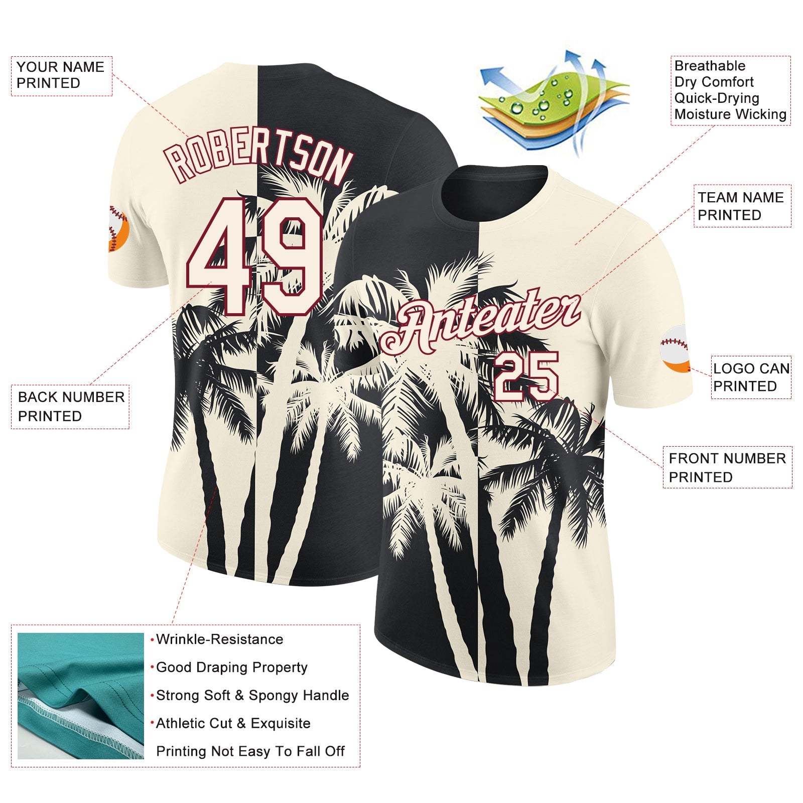 Custom Cream Black-Crimson Hawaii Tropical Coastal Palm Trees Performance T-Shirt