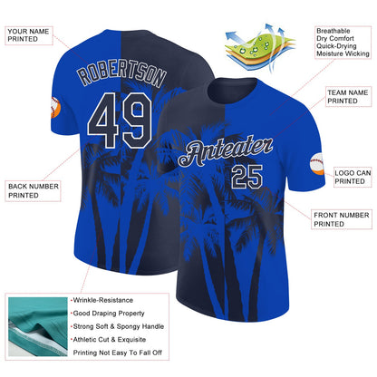 Custom Thunder Blue Navy-White Hawaii Tropical Coastal Palm Trees Performance T-Shirt