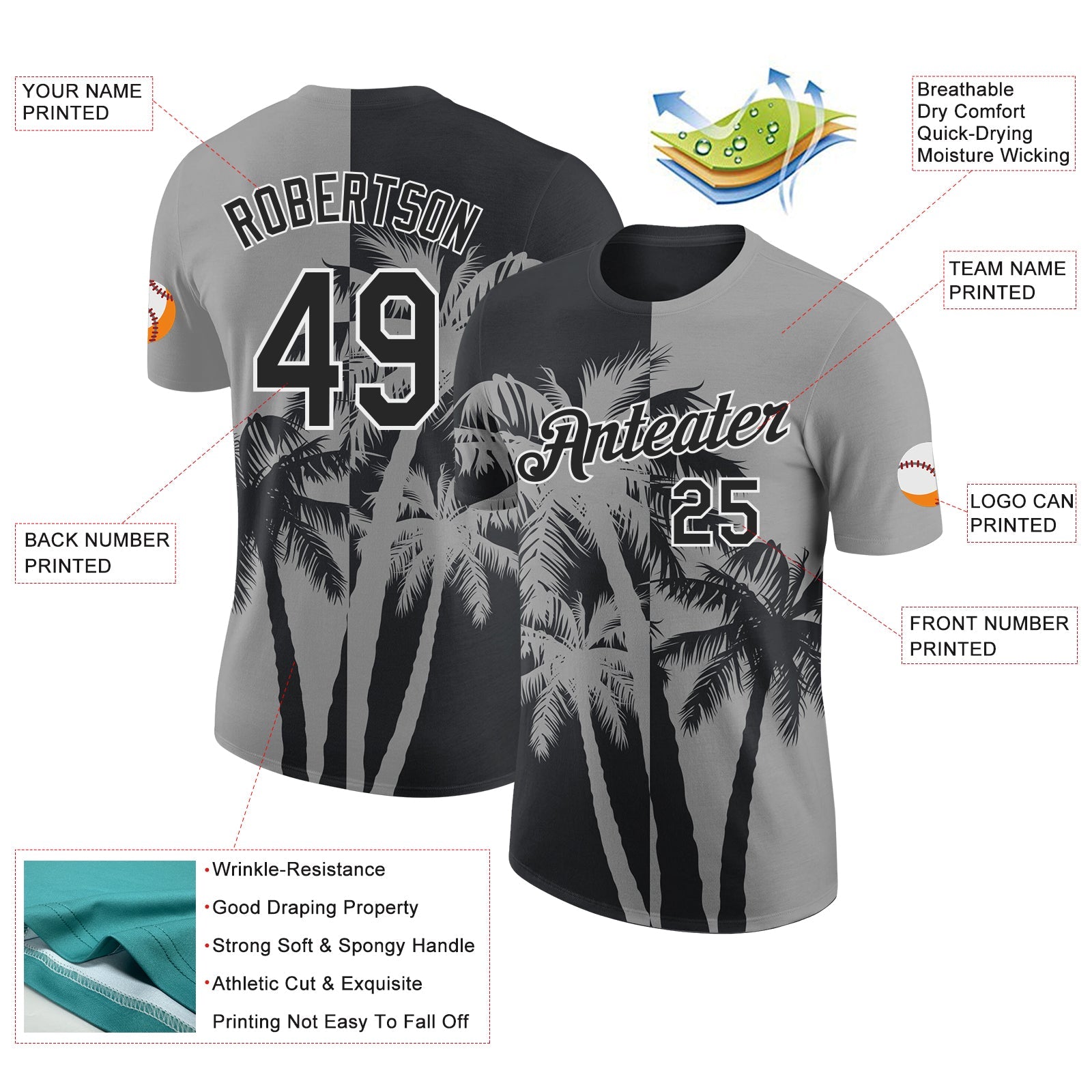 Custom Gray Black-White Hawaii Tropical Coastal Palm Trees Performance T-Shirt