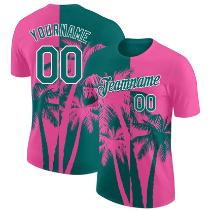 Custom Pink Teal-White Hawaii Tropical Coastal Palm Trees Performance T-Shirt