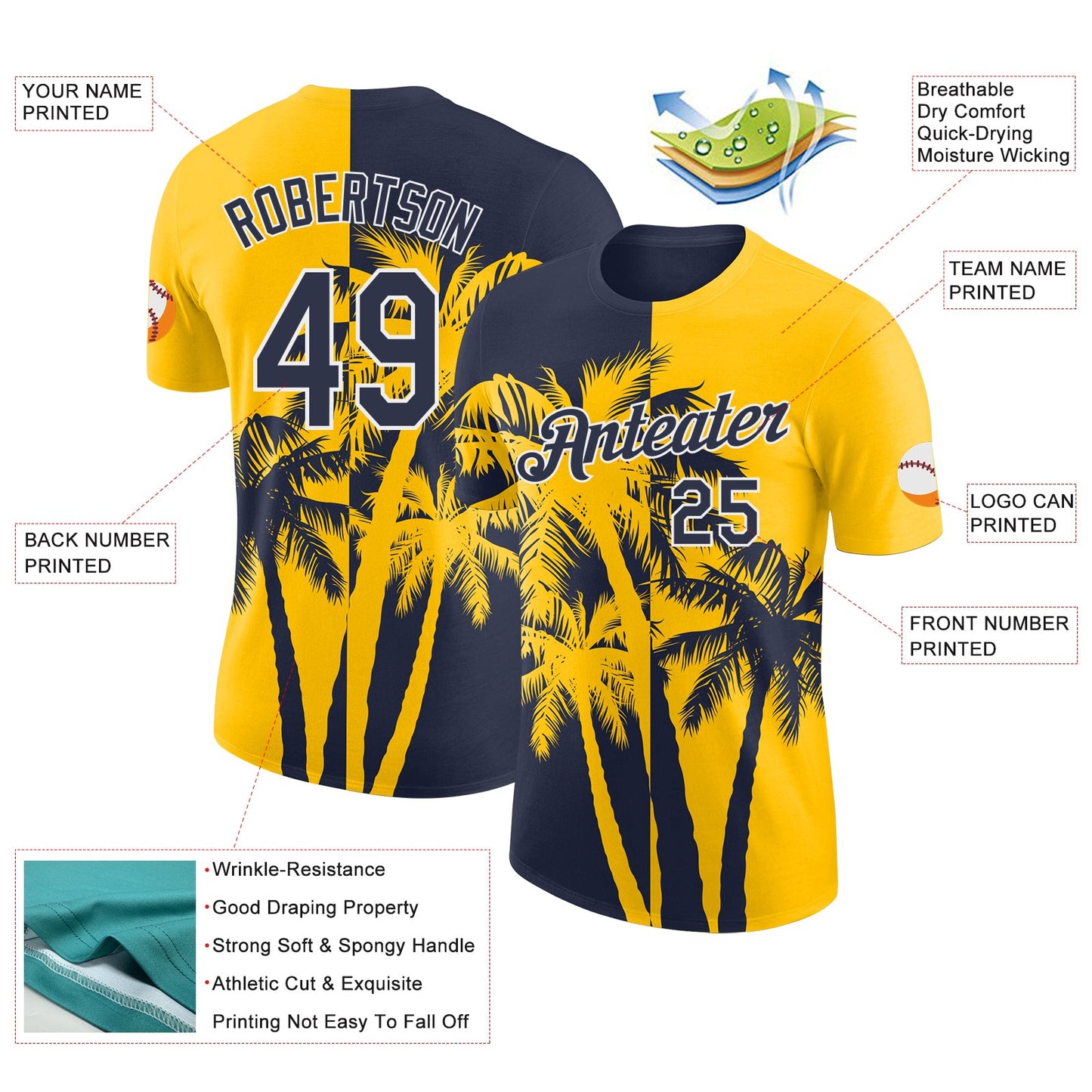 Custom Yellow Navy-White Hawaii Tropical Coastal Palm Trees Performance T-Shirt
