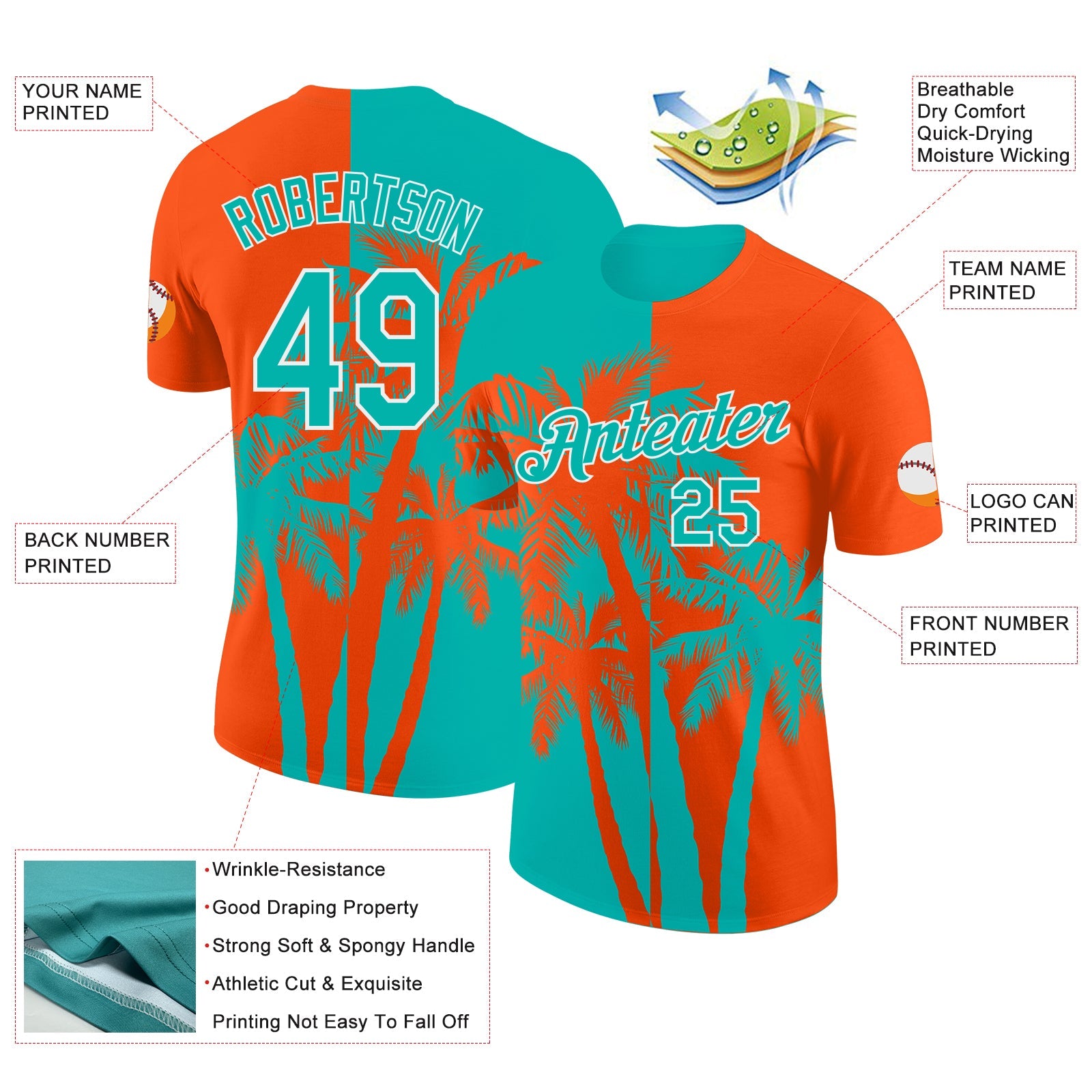Custom Orange Aqua-White Hawaii Tropical Coastal Palm Trees Performance T-Shirt