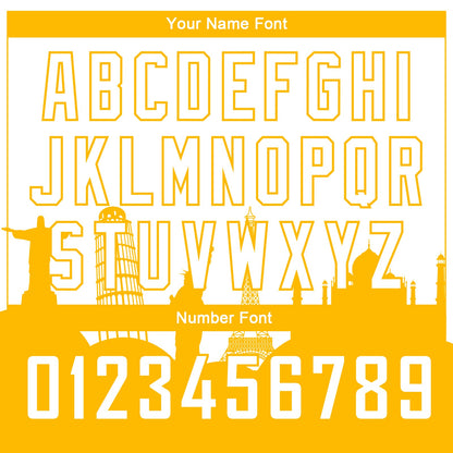 Custom White Gold Holiday Travel Monuments Silhouette Authentic City Edition Basketball Jersey