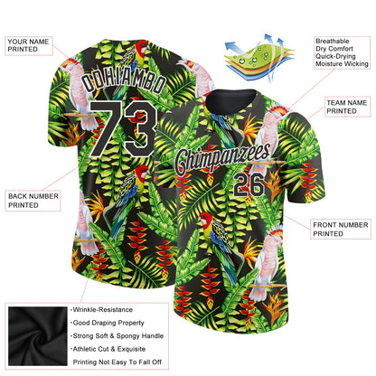Custom Black White 3D Pattern Design Tropical Hawaii Plant With Bird Performance T-Shirt