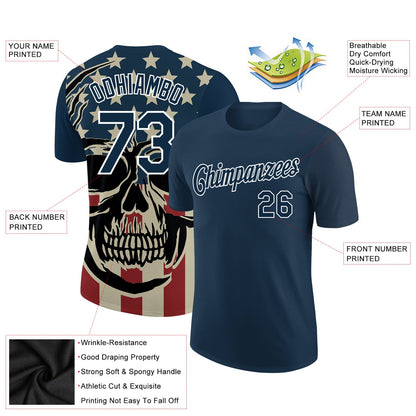 Custom US Navy Blue White 3D Skull With American Flag Performance T-Shirt