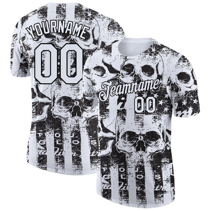 Custom White Black 3D Skull And American Flag Performance T-Shirt