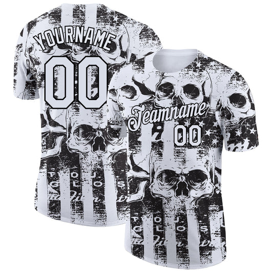 Custom White Black 3D Skull And American Flag Performance T-Shirt