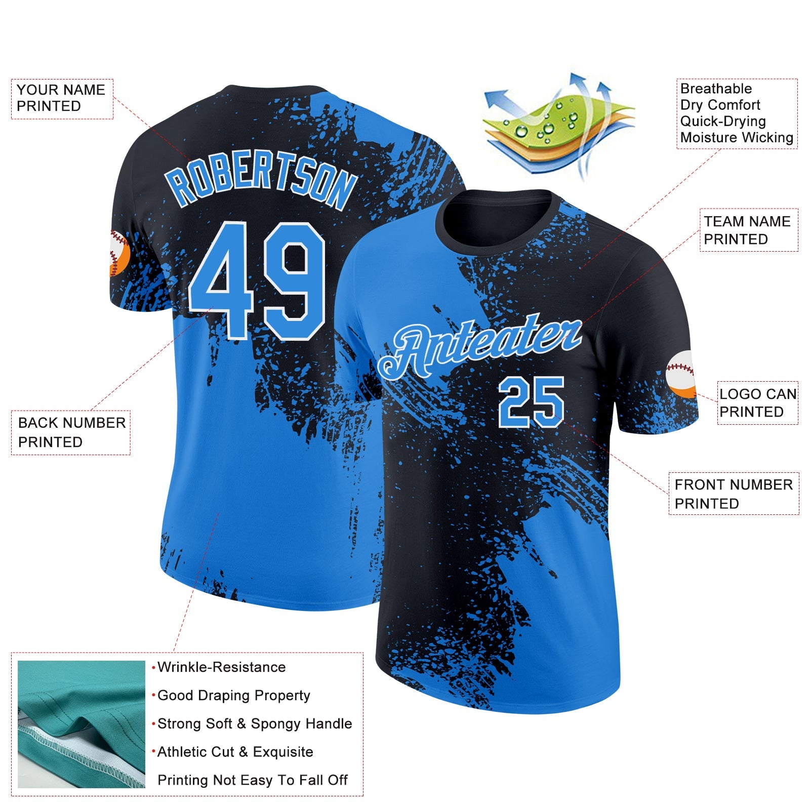 Custom Powder Blue Black-White 3D Pattern Design Abstract Brush Stroke Performance T-Shirt