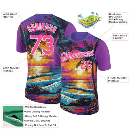 Custom Purple Pink-White 3D Pattern Design Hawaii Palm Trees On Beach Performance T-Shirt