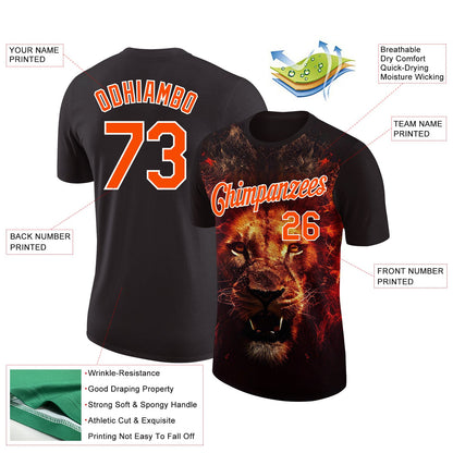 Custom Black Orange-White 3D Pattern Design Animal Lion Performance T-Shirt