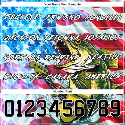 Custom Sky Blue Black-Red 3D American Flag And Largemouth Bass Fish Fishing Sports Pullover Sweatshirt Hoodie