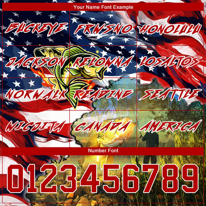 Custom Navy Red-White 3D American Flag And Smallmouth Bass Fish Fishing Sports Pullover Sweatshirt Hoodie
