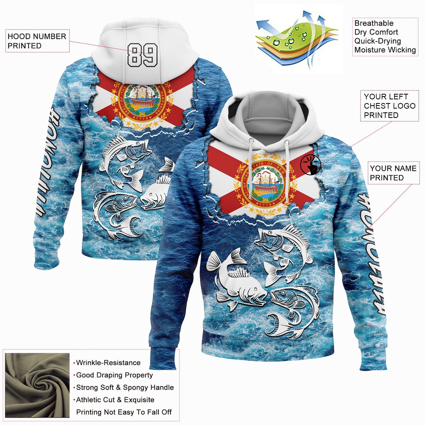 Custom Lakes Blue White Black 3D New Hampshire Flag And Largemouth Bass Carp Fish Fishing Sports Pullover Sweatshirt Hoodie
