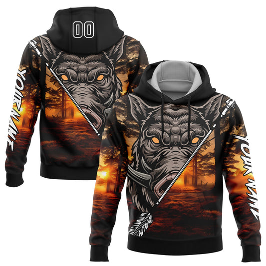 Custom Black White 3D Wild Boar Arrow Hunting Sports Pullover Sweatshirt Hoodie