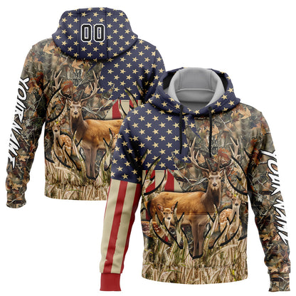 Custom Camo Black-White 3D American Flag And Deer Hunting Sports Pullover Sweatshirt Hoodie