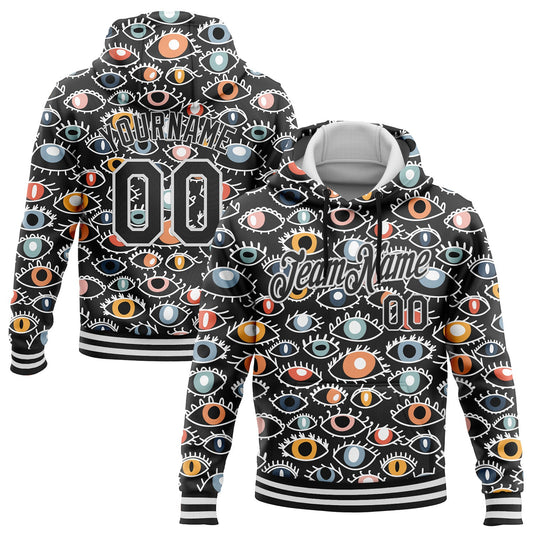 Custom Stitched Black White 3D Pattern Design Evil Eyes Sports Pullover Sweatshirt Hoodie