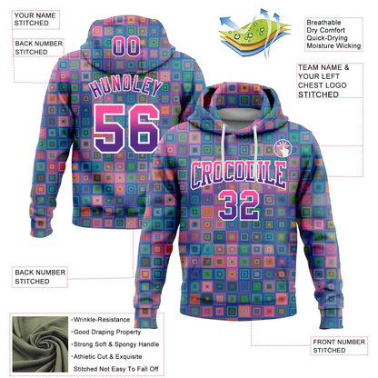 Custom Stitched Royal Pink-Purple 3D Pattern Design Geometric GradientSquare Shapes Sports Pullover Sweatshirt Hoodie