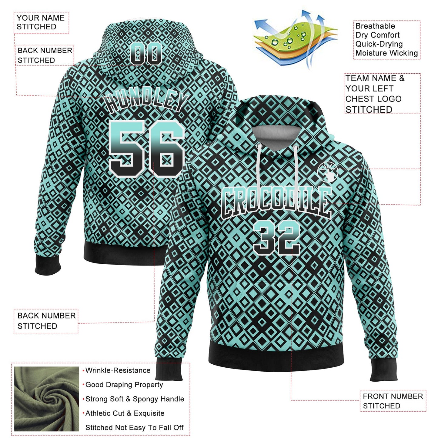 Custom Stitched Ice Blue Black-White 3D Pattern Design Geometric Gradient Square Shapes Sports Pullover Sweatshirt Hoodie