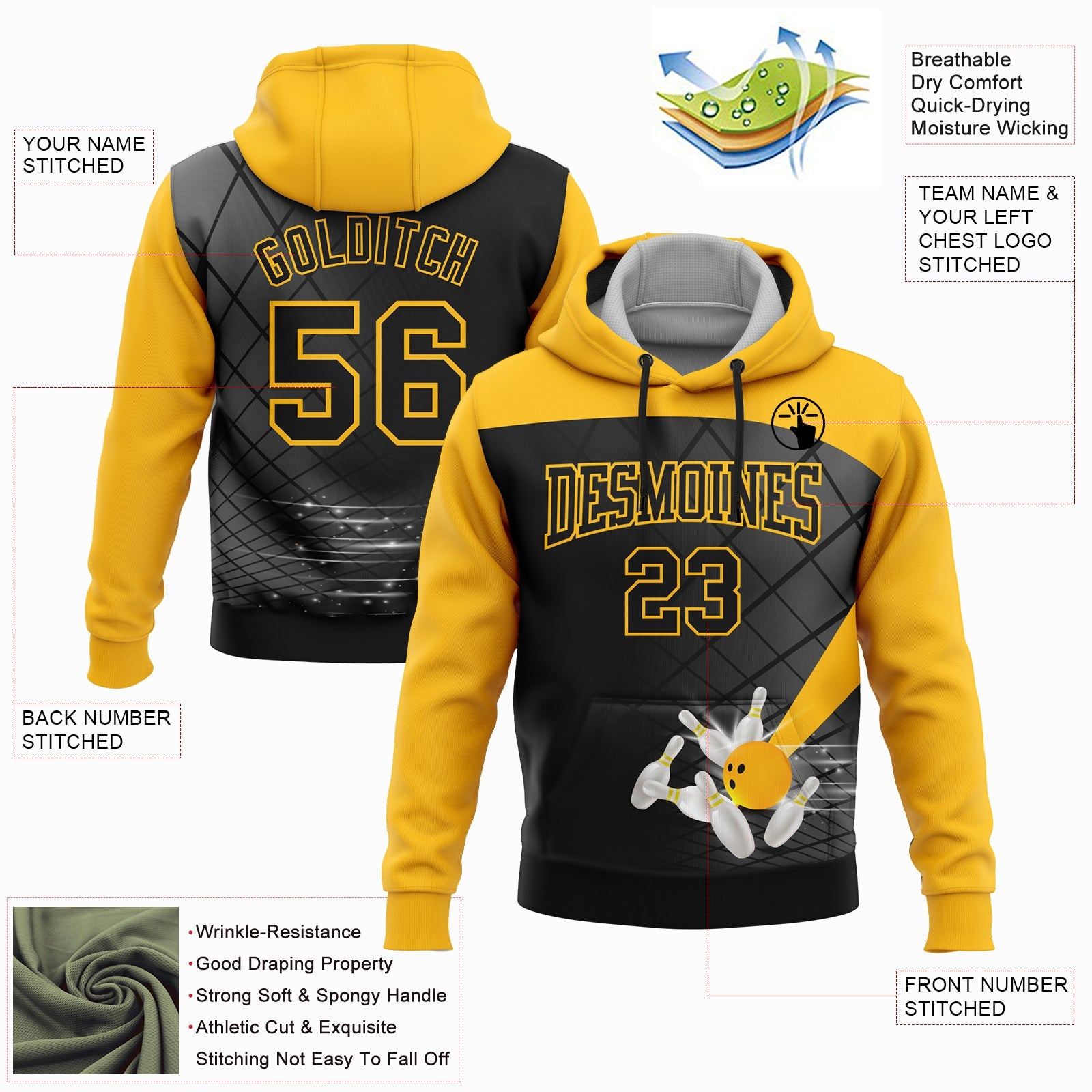 Custom Black Gold 3D Bowling Sports Pullover Sweatshirt Hoodie