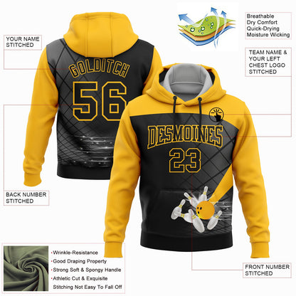 Custom Black Gold 3D Bowling Sports Pullover Sweatshirt Hoodie