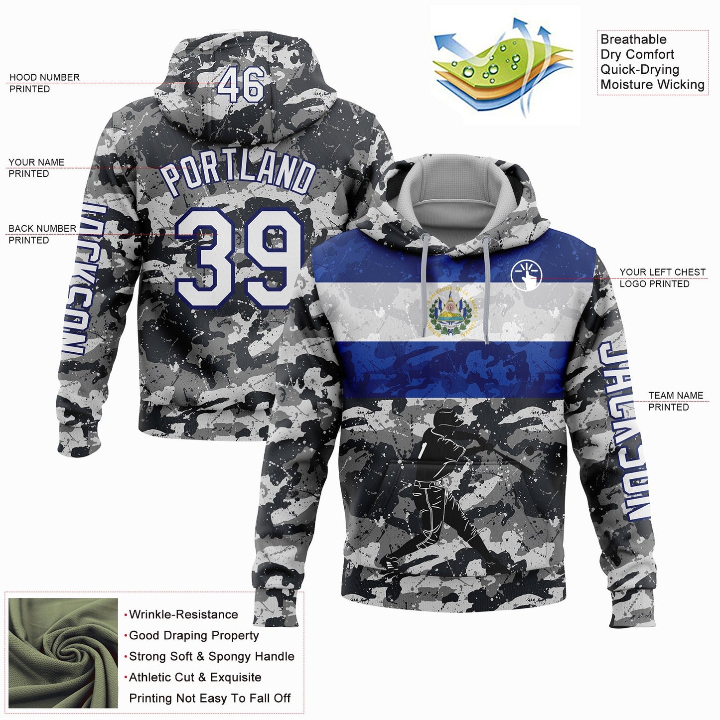 Custom Camo White-Navy 3D El Salvador El Salvadoran Flag Sports Pullover Sweatshirt Salute To Service Hoodie