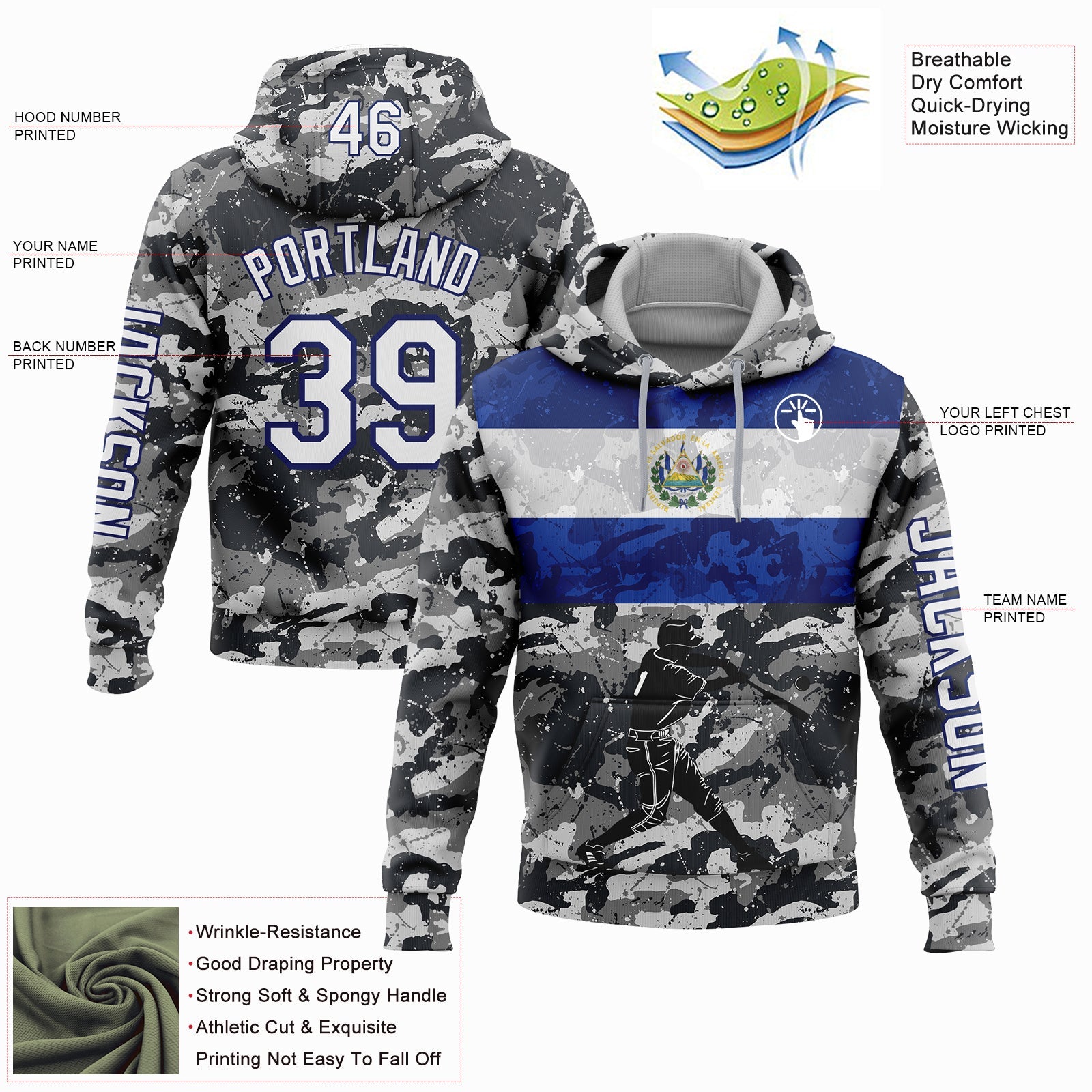 Custom Camo White-Navy 3D El Salvador El Salvadoran Flag Sports Pullover Sweatshirt Salute To Service Hoodie