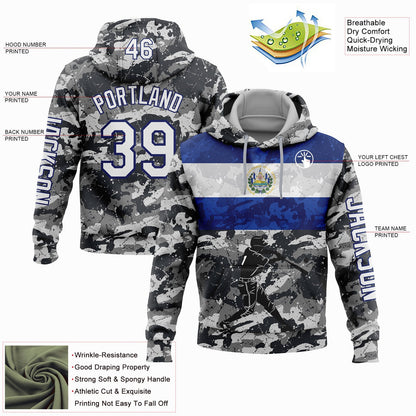 Custom Camo White-Navy 3D El Salvador El Salvadoran Flag Sports Pullover Sweatshirt Salute To Service Hoodie