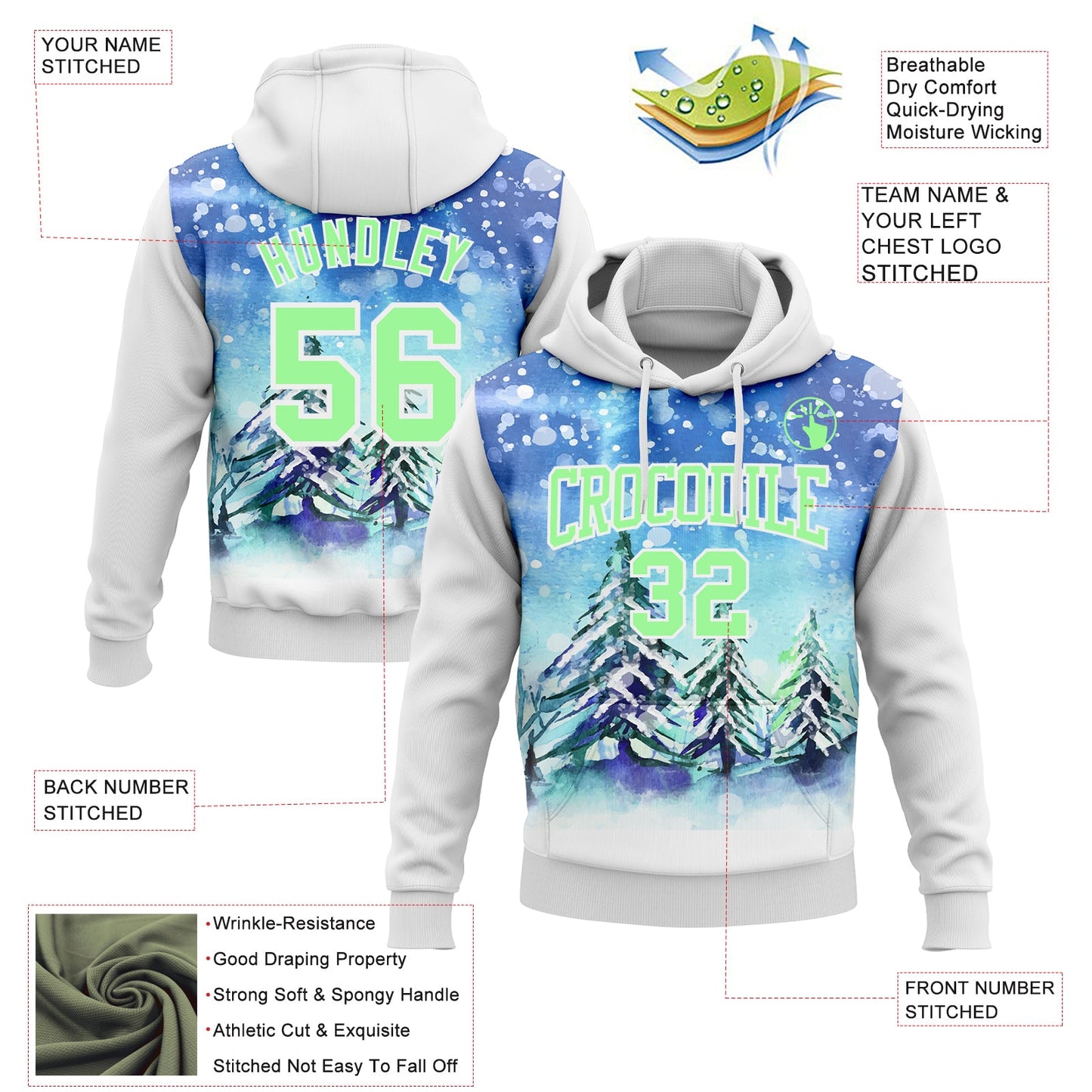 Custom Stitched White Pea Green Christmas Snowflakes 3D Sports Pullover Sweatshirt Hoodie