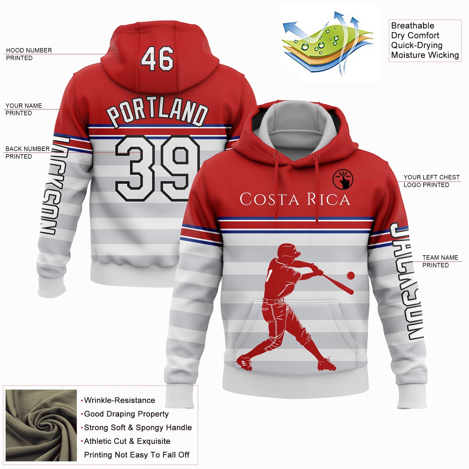 Custom White Red Royal Gray-Black 3D Costa Rica Costa Rican Flag Sports Pullover Sweatshirt Hoodie