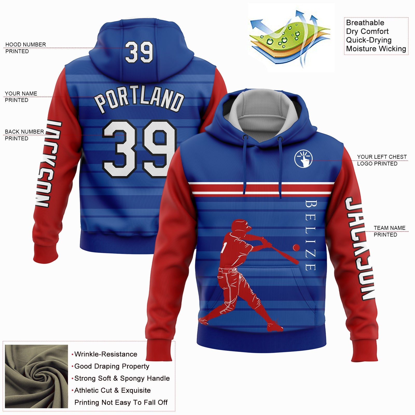 Custom Royal Red-Black 3D Belize Belizean Flag Sports Pullover Sweatshirt Hoodie