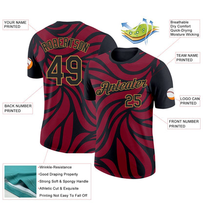Custom Crimson Black-Old Gold 3D Esports Performance T-Shirt