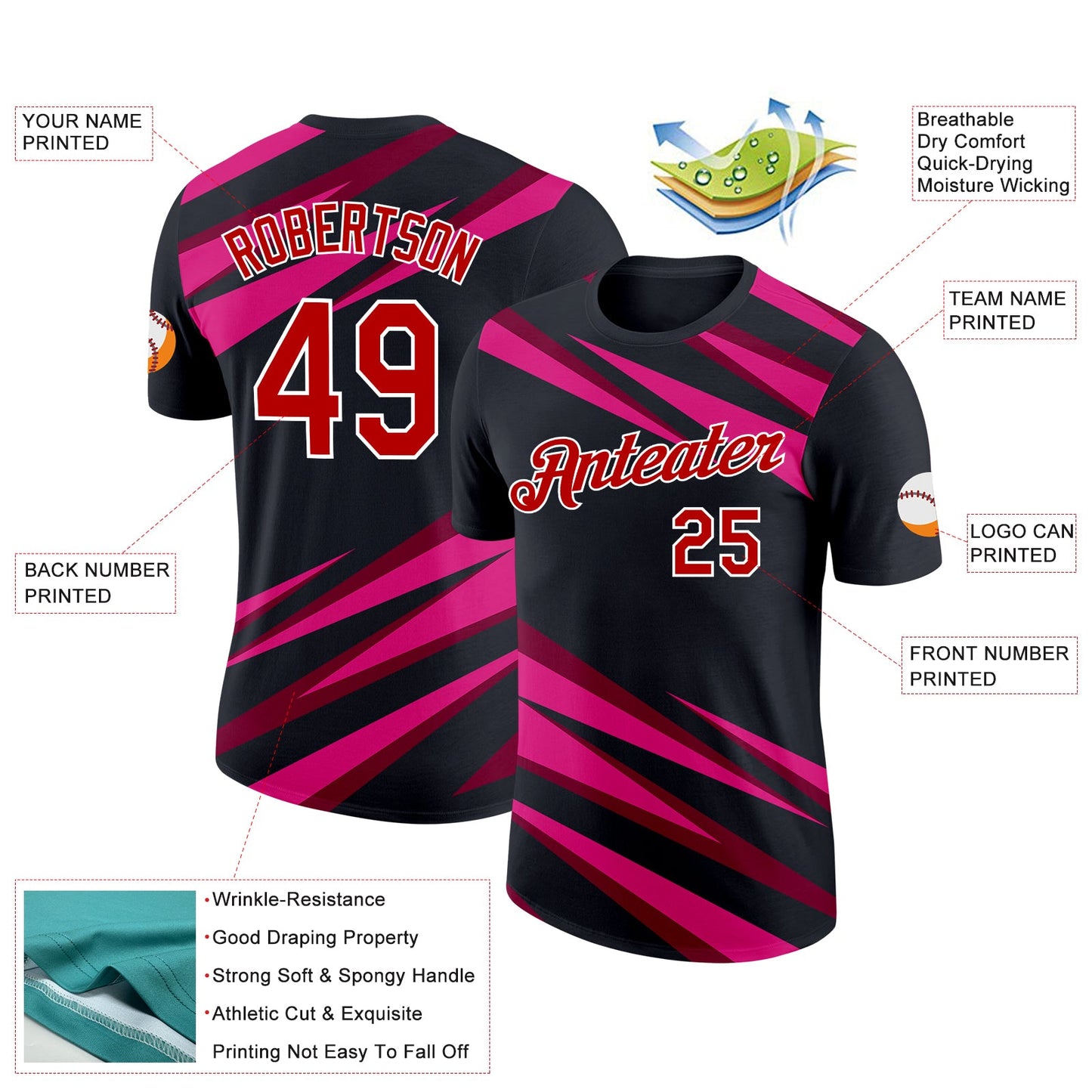 Custom Black Red Maroon-Hot Pink 3D Esports Performance T-Shirt