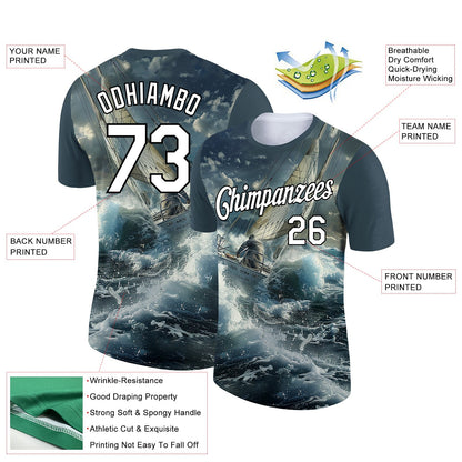 Custom Navy White-Black 3D Pattern Design Sailing Ship Columbus Day Performance T-Shirt