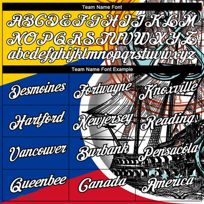 Custom Gold Royal Red-Black 3D Pattern Design Sailing Ship Columbus Day Colombian Flag Performance T-Shirt
