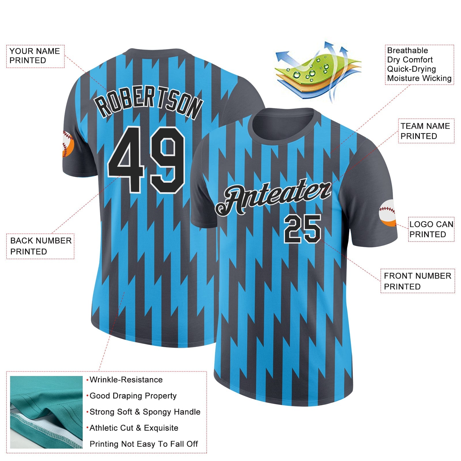 Custom Steel Gray Black-Sky Blue 3D Esports Performance T-Shirt