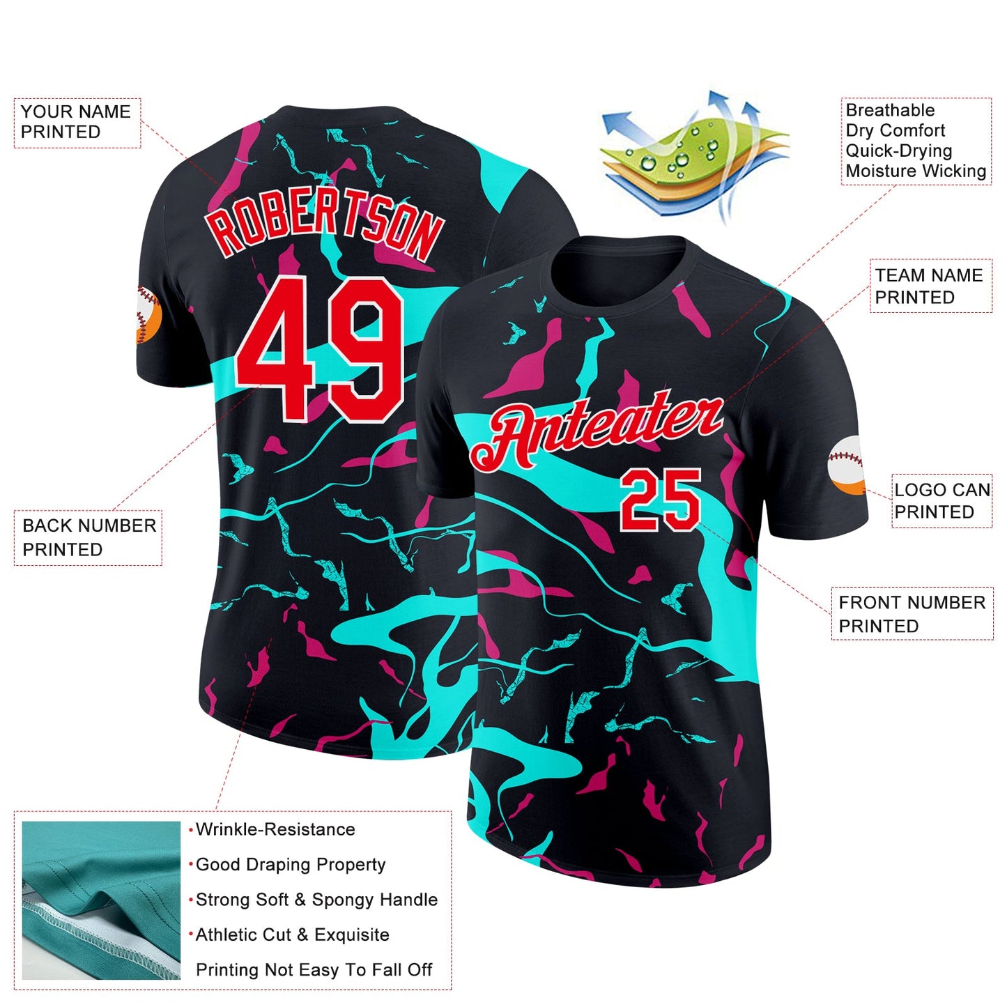 Custom Black Fire Red Ice Blue-Hot Pink 3D Esports Performance T-Shirt