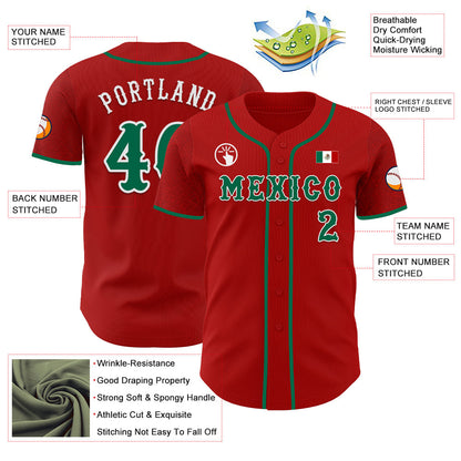 Custom Red Kelly Green-White 3D Mexico Mexican Flag Authentic Baseball Jersey