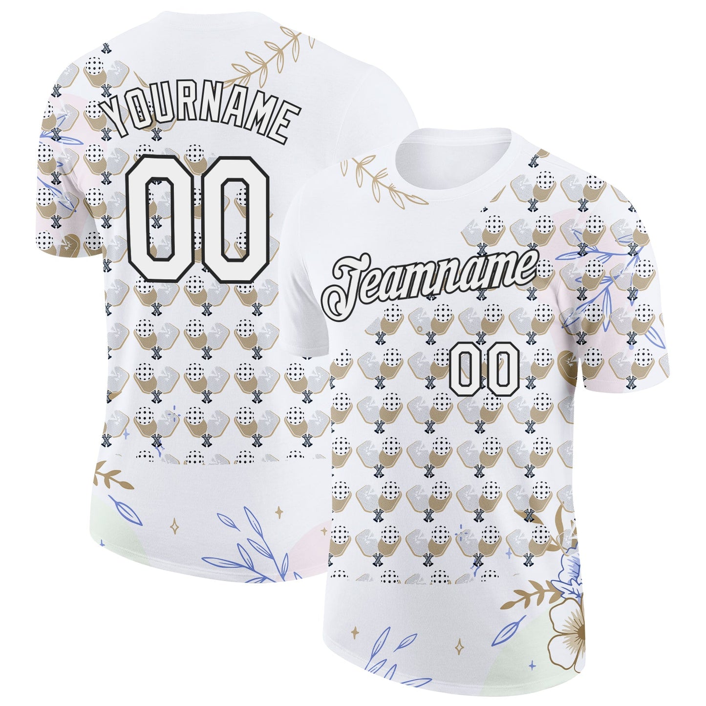 Custom White Black 3D Pickleball Paddles Balls Floral Performance T-Shirt