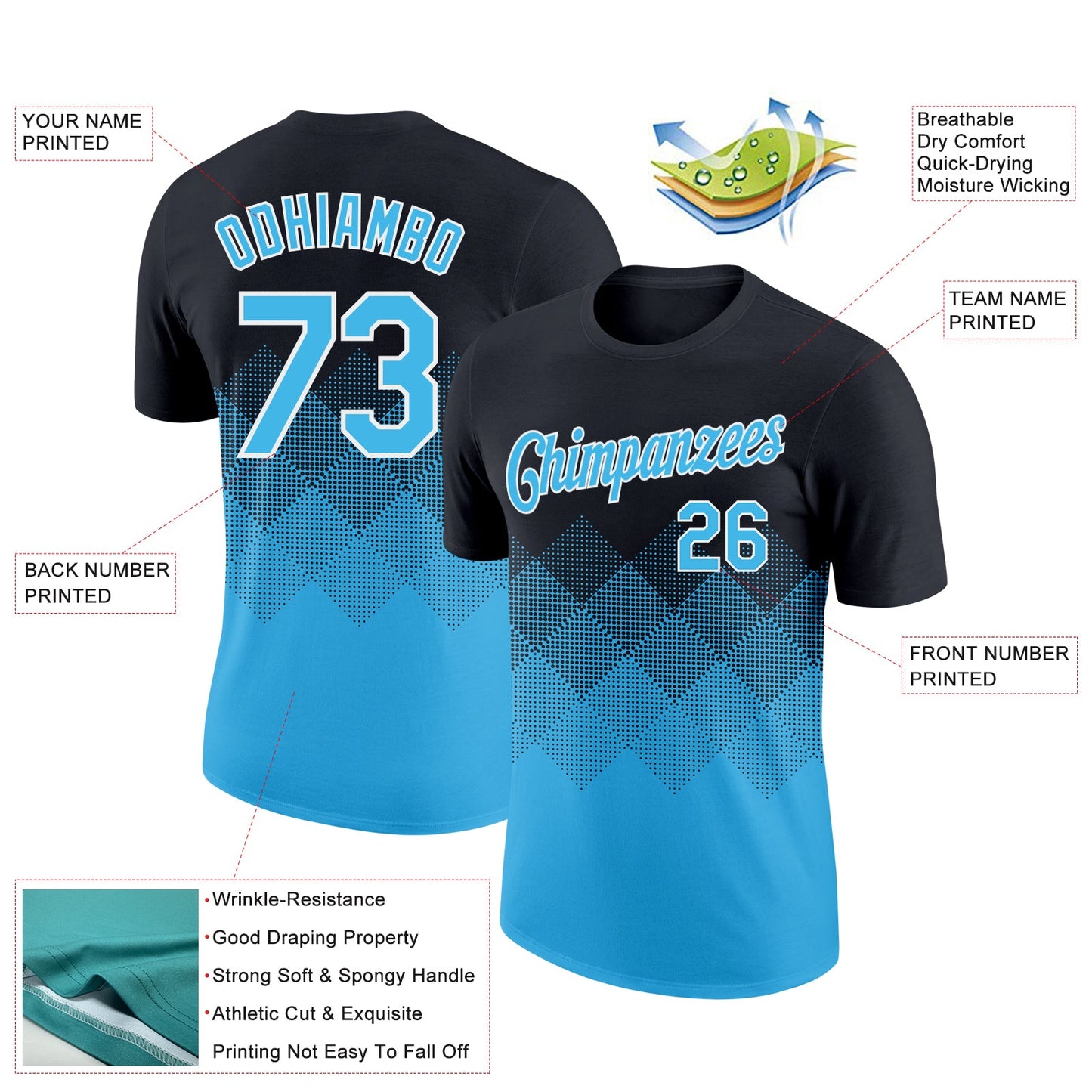 Custom Black Sky Blue-White 3D Pattern Design Gradient Square Shapes Performance T-Shirt