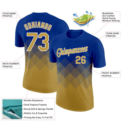 Custom Royal Old Gold-White 3D Pattern Design Gradient Square Shapes Performance T-Shirt