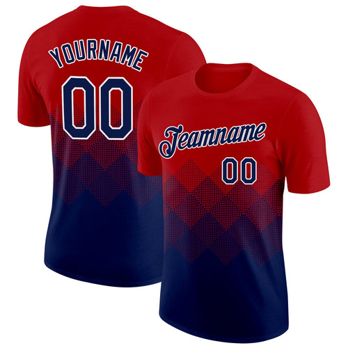 Custom Red Navy-White 3D Pattern Design Gradient Square Shapes Performance T-Shirt