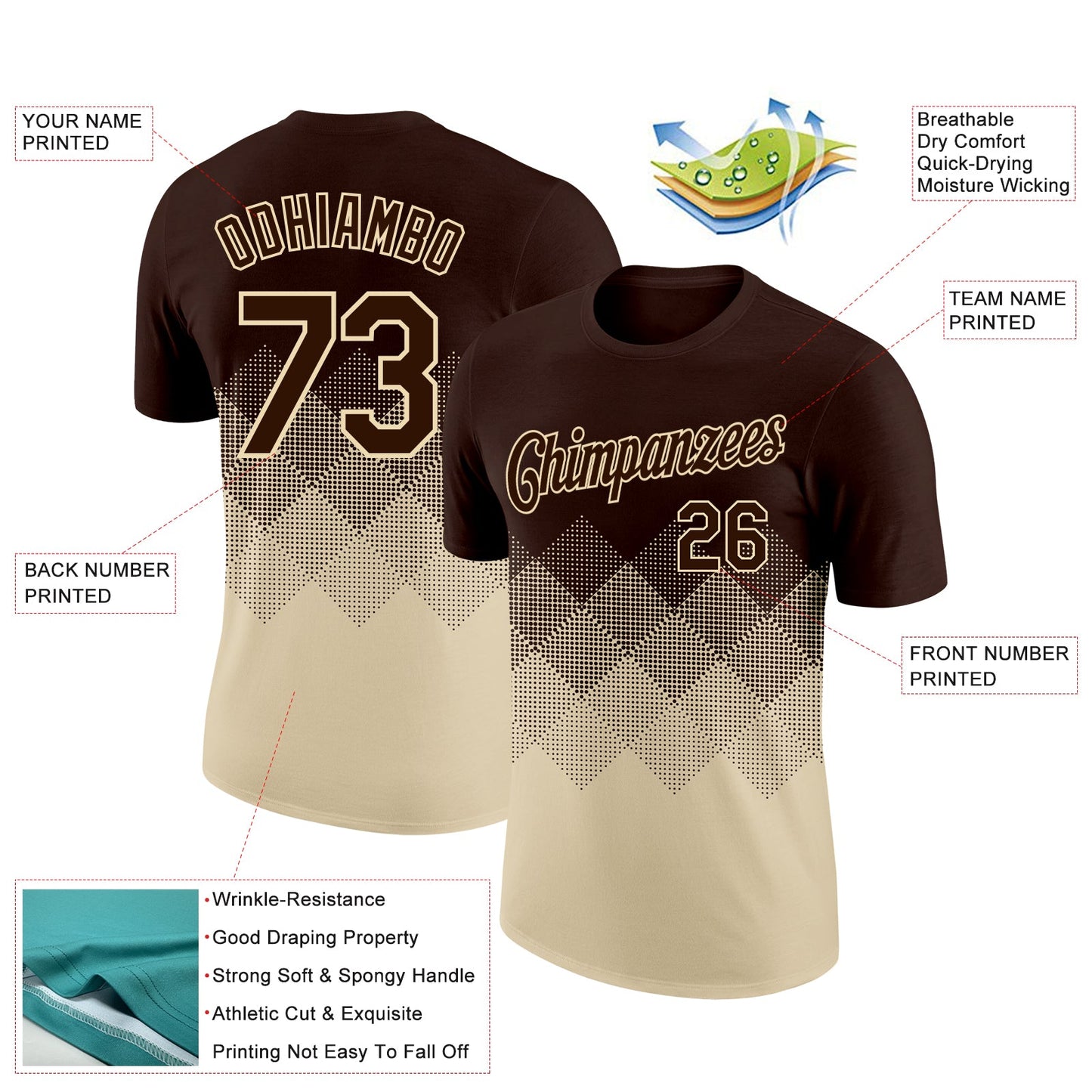 Custom Brown Cream 3D Pattern Design Gradient Square Shapes Performance T-Shirt