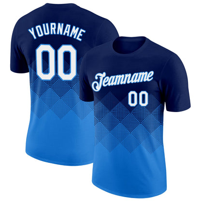 Custom Navy White-Powder Blue 3D Pattern Design Gradient Square Shapes Performance T-Shirt