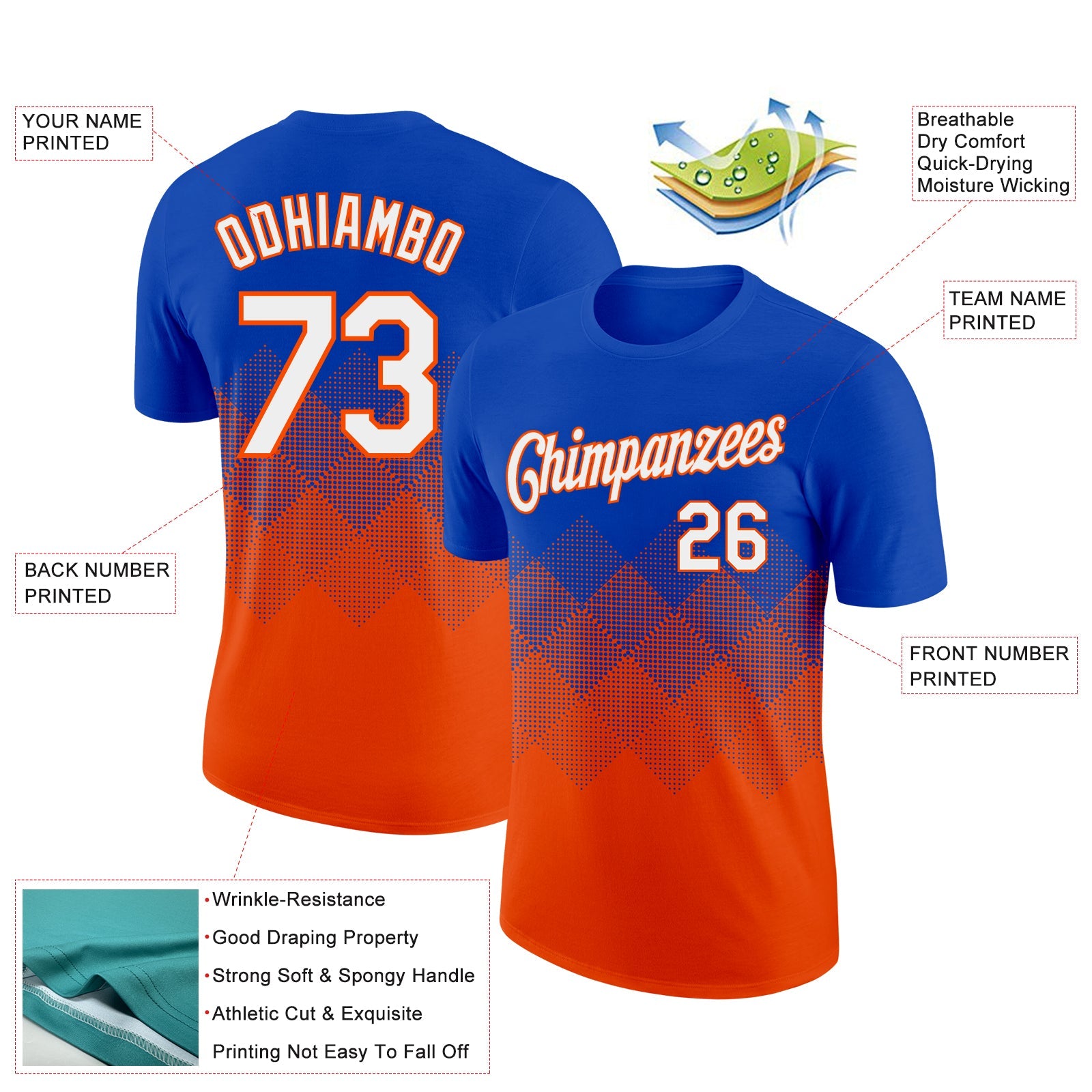Custom Thunder Blue White-Orange 3D Pattern Design Gradient Square Shapes Performance T-Shirt