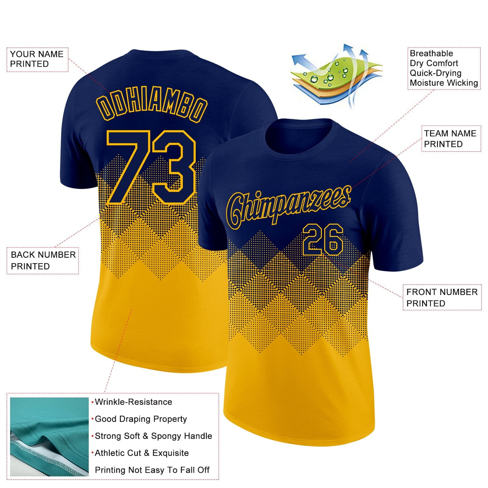 Custom Navy Gold 3D Pattern Design Gradient Square Shapes Performance T-Shirt